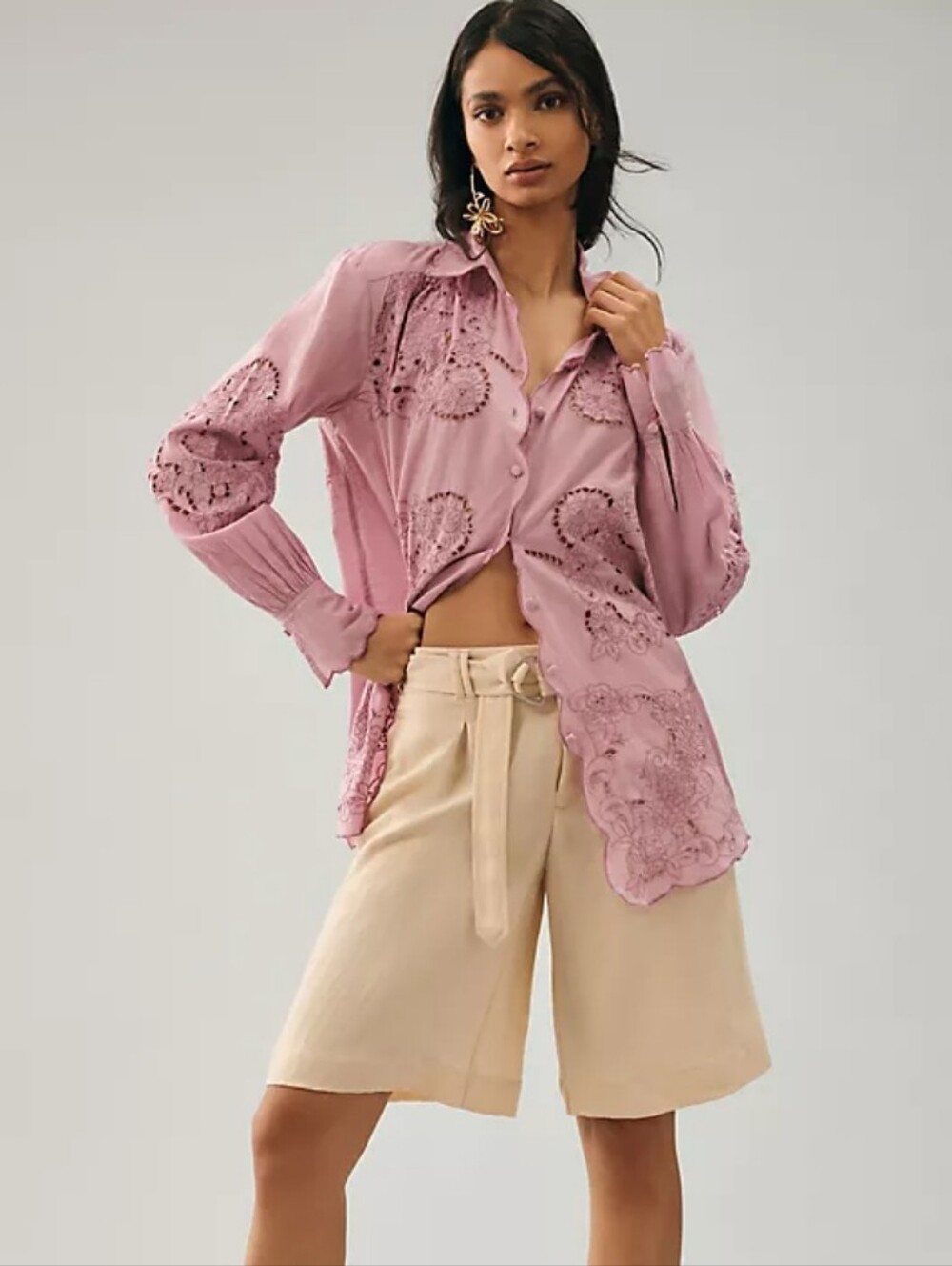 Anthropologie Lavender Pink Lace-Detail Button Down Blouse